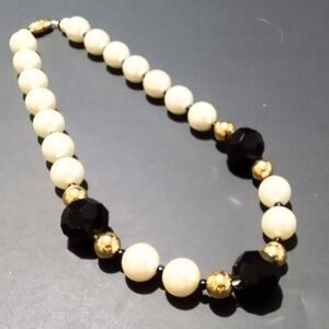 Vintage Chunky Faux Pearl Black and Gold Bead Necklace